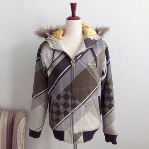 Billabong Utility Jacket Brown Yellow Faux Fur Hat